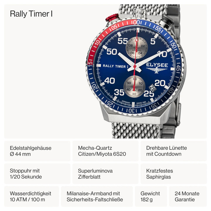 Elysee Rally Timer I - 80535 sapphire coated , 44mm , quartz , STAINLESS STEE