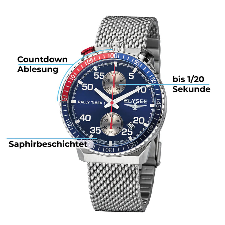 Elysee Rally Timer I - 80535 sapphire coated , 44mm , quartz , STAINLESS STEE